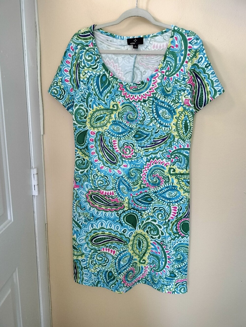 Ronni Nicole Multi Color Paisley Short Sleeve Shift Dress L Vacation Stretch
